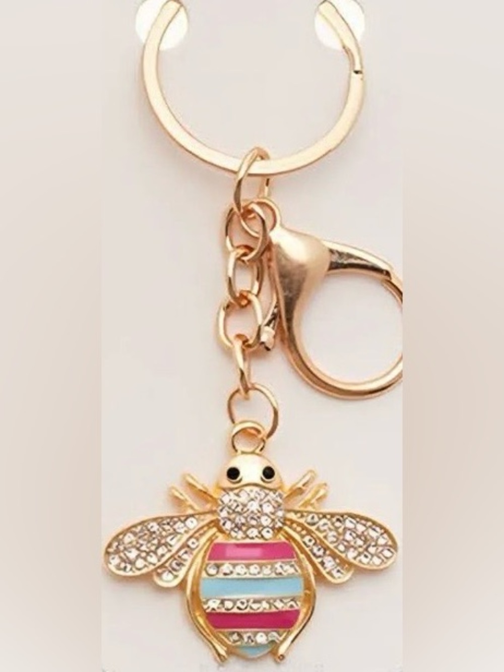 Mint Gold Bee Bag Charm/ Keychain Multicolor Pink & Blue Enamel Stripes NWT